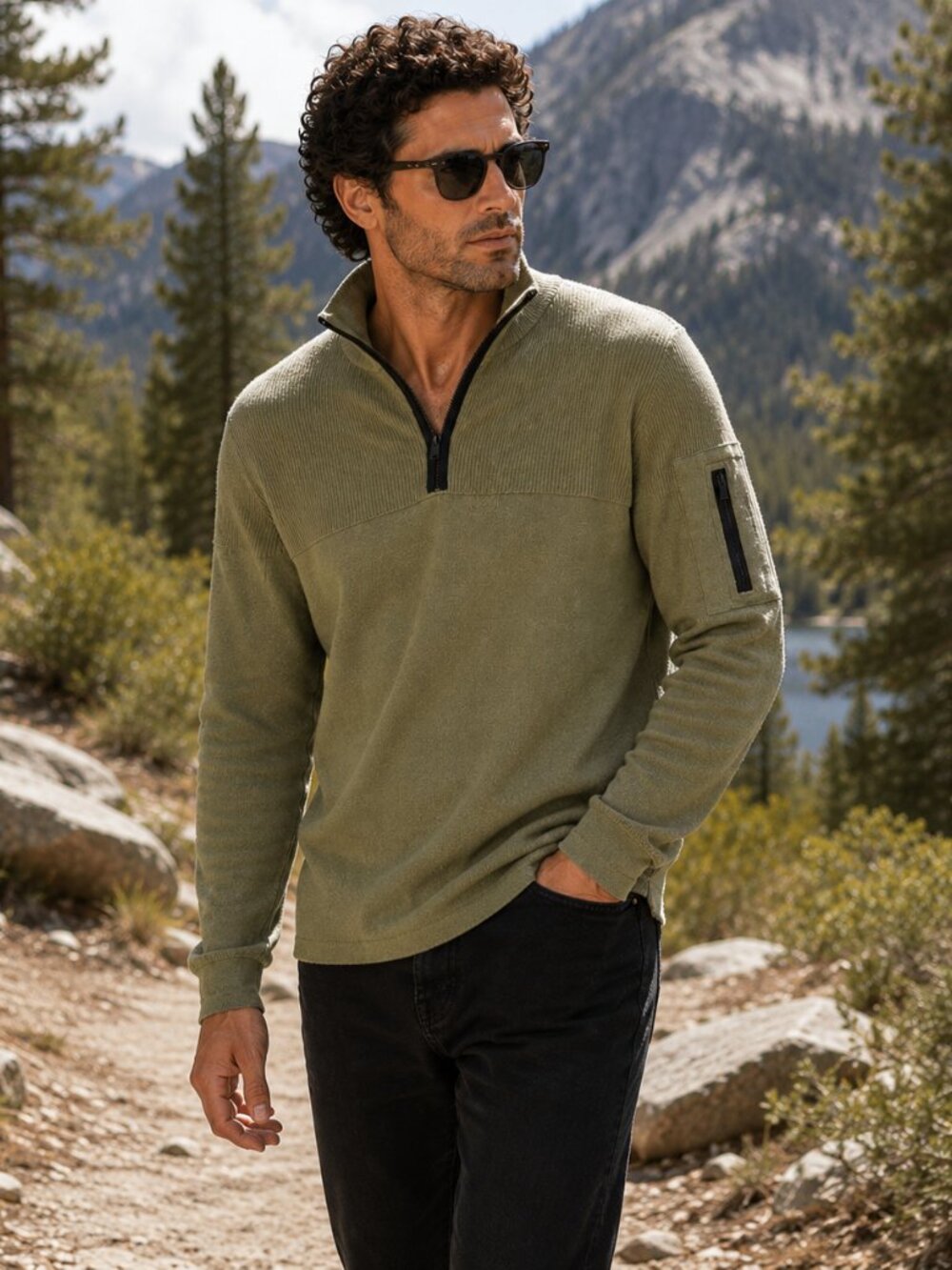Abode Outside Ecosizing 1/4 Zip Traverse Sweater Hiking Olive Green Utility Knit